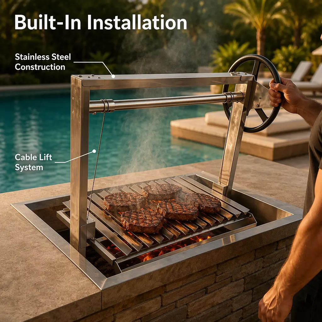 ステンレススチール製アサド パリージャトップ ウッドファイア ビルトイン BBQ グリル アルゼンチン サンタマリア グリル ロティサリーシステム付き
