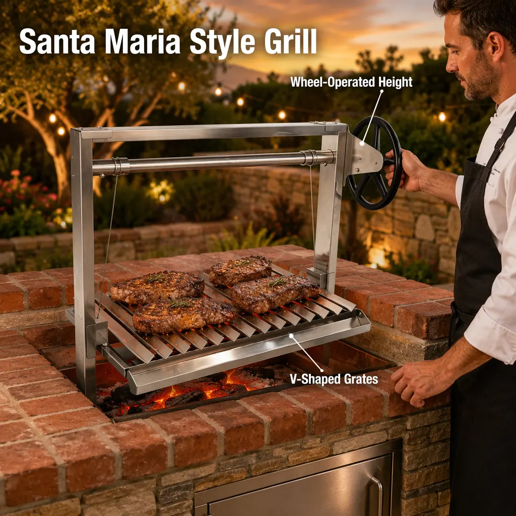 ステンレススチール製アサド パリージャトップ ウッドファイア ビルトイン BBQ グリル アルゼンチン サンタマリア グリル ロティサリーシステム付き